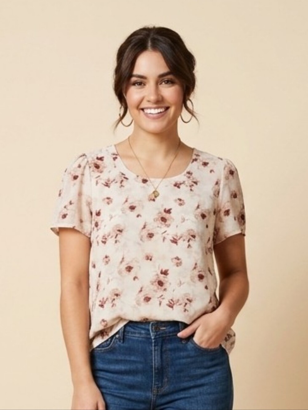 DE Collection Beige Floral Short Sleeve Top